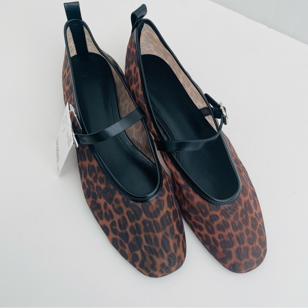 H&M Mesh Mary Jane Ballet Flats NWT Black Brown Leopard Print Size 8 - Picture 3 of 12